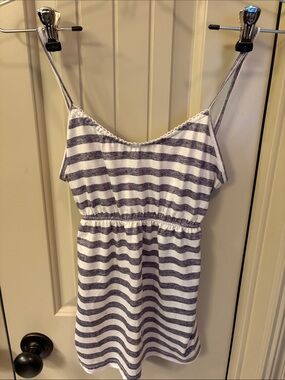 Striped White and Gray Sleeveless Tank Dress — Women's Casual Summer Top